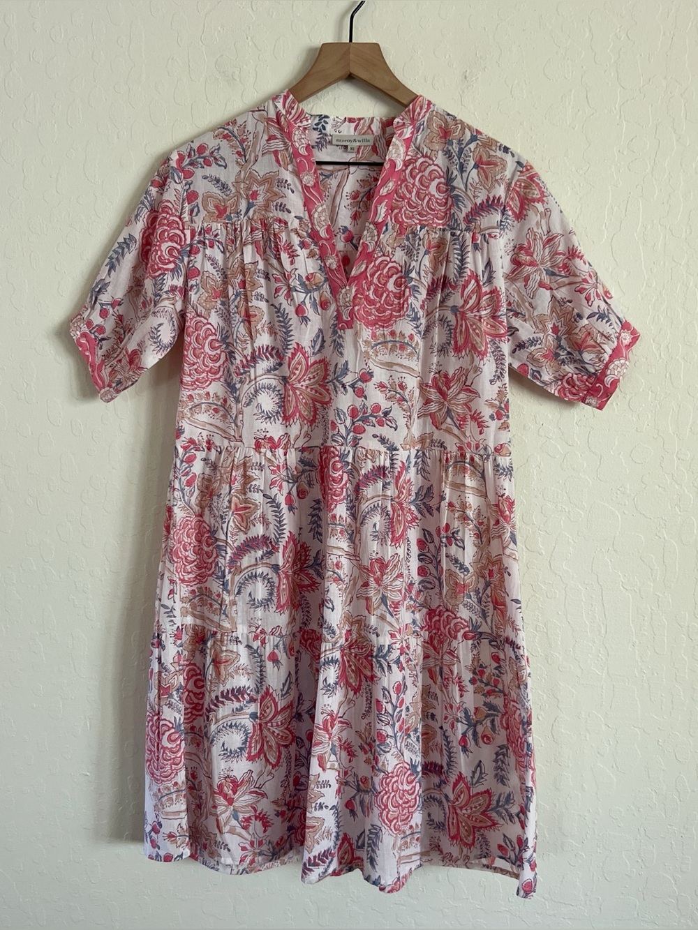 Fitzroy & Willa 100% Cotton Popover Tiered Mini Dress XS Pink Paisley Floral